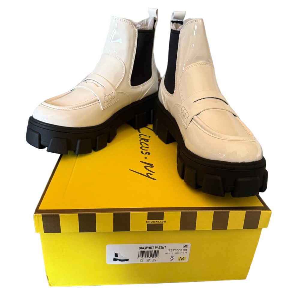 Circus NY by Sam Edelman White Patent Boots with Black Lug Soles